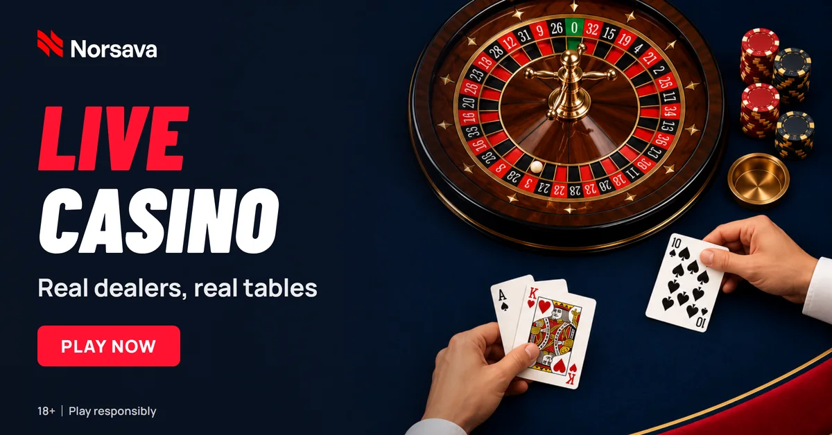 Live casino banner: Real dealers, real tables.
